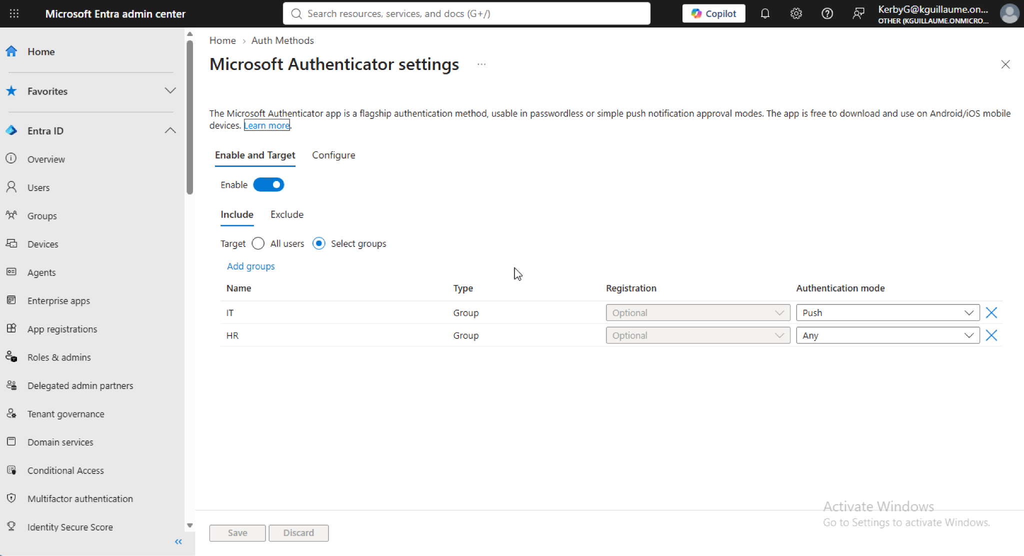 Microsoft Authenticator assigned to IT and HR groups