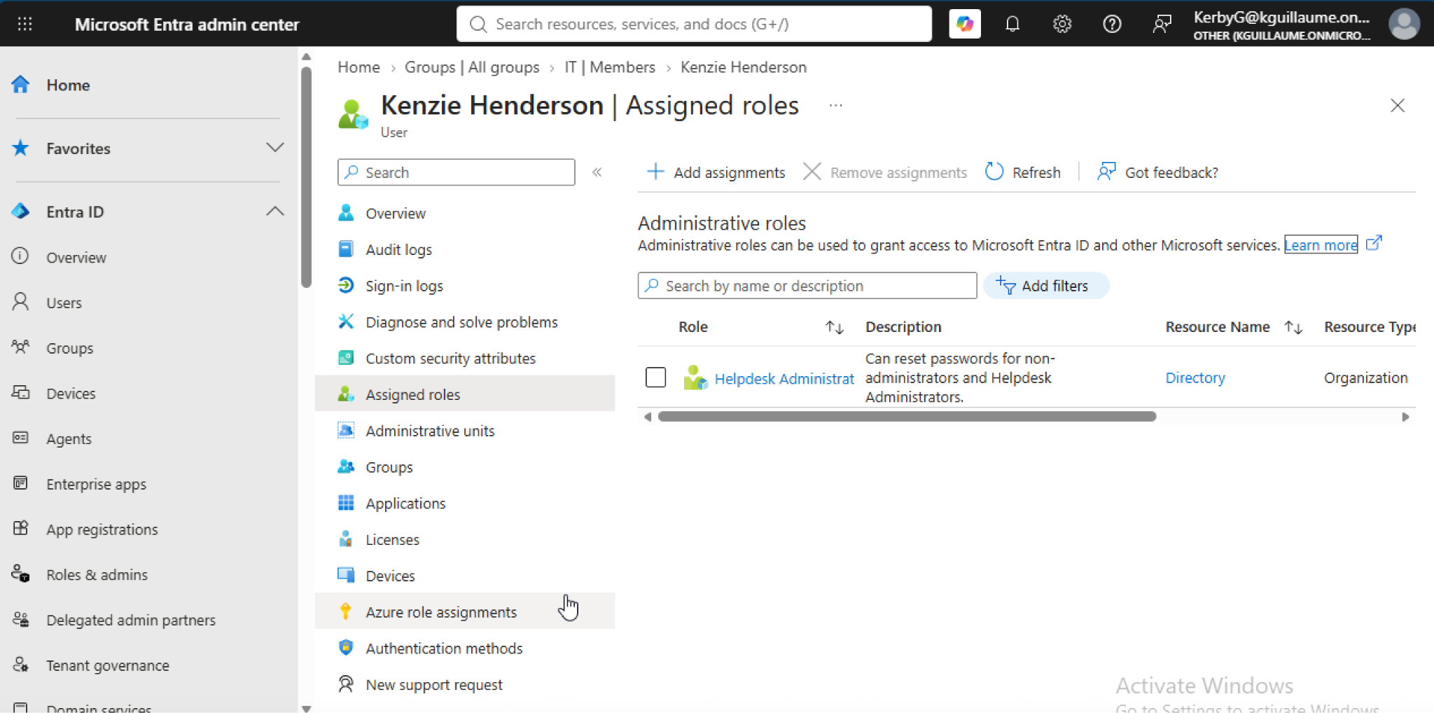 Kenzie Henderson assigned Microsoft Entra ID role