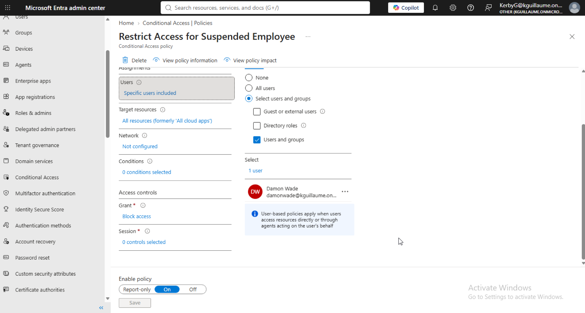 Conditional Access policy restricting suspended employee Damon Wade