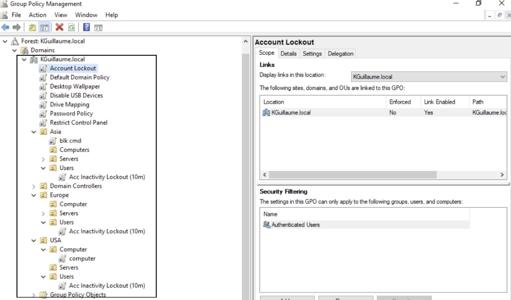 Group Policy Management Console showing configured GPOs